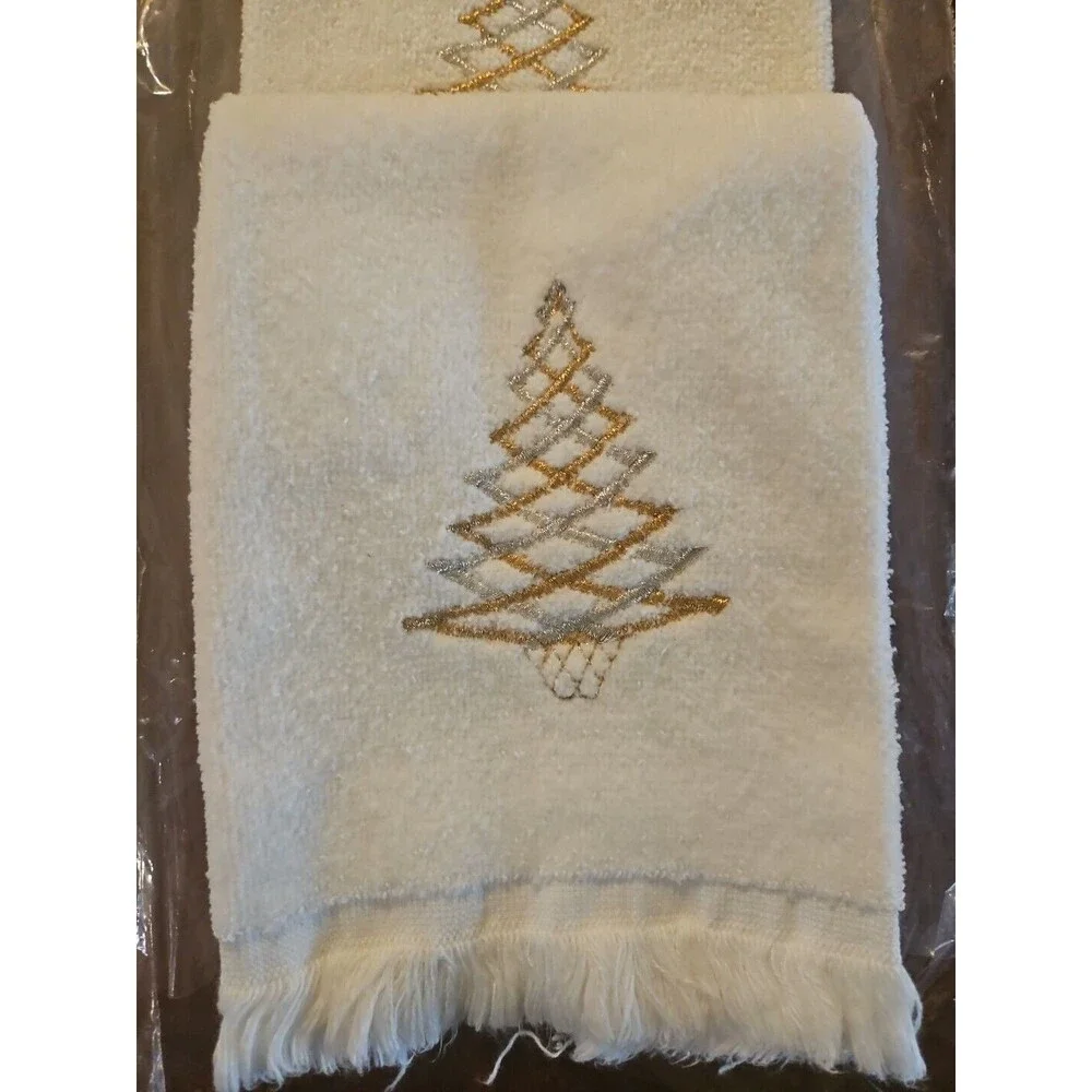 4 Vtg New Stevens Fine Fashions Reindeer Christmas Tree Hand Towels Gold Silver